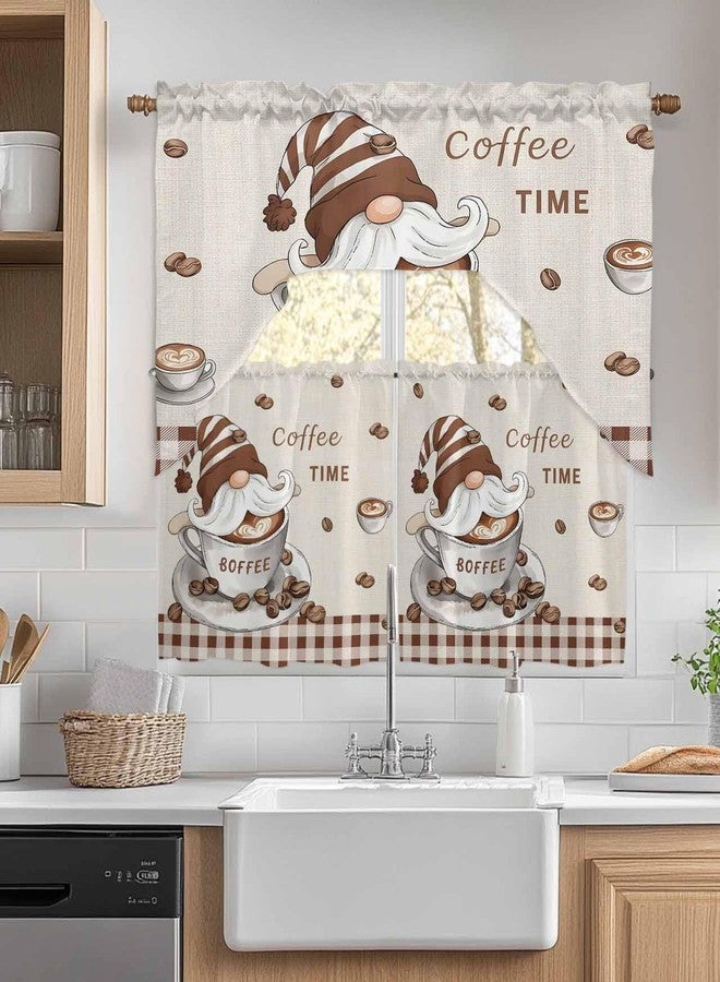 Jolunifun Gnomes Coffee Swag Kitchen Curtain Sets with Valance,3 Pieces Rod Pocket Curtain Drapes for Bedroom Bathroom Cafe Windows,Retro Country Rustic Brown Buffalo Plaid 56''x36''&36''x27.5''x2Panels - Image 2